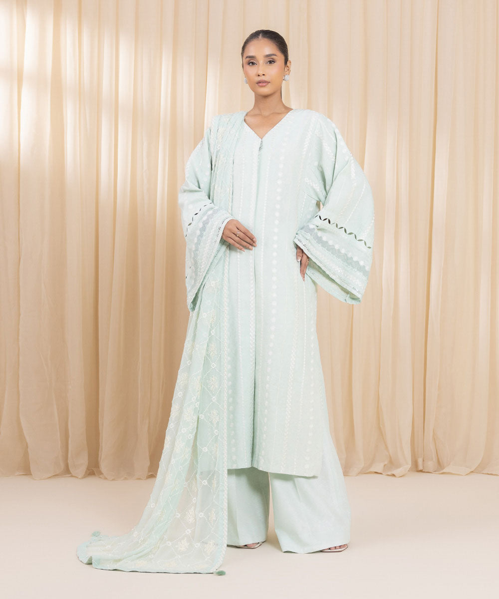 3 Piece -  Embroidered Karandi Suit | SAPPHIRE