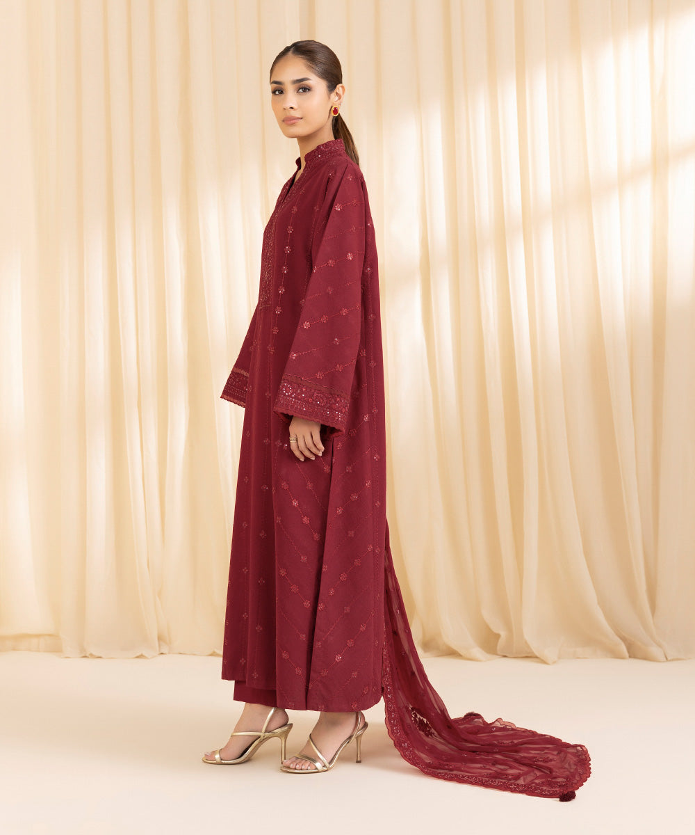 3 Piece -  Embroidered Cotton Karandi Suit | SAPPHIRE