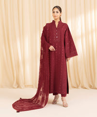 3 Piece -  Embroidered Cotton Karandi Suit | SAPPHIRE