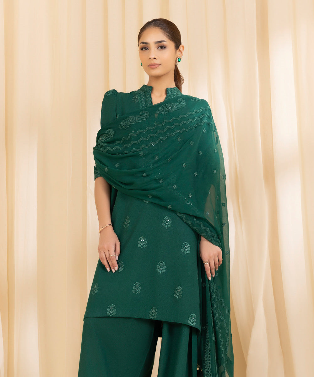 3 Piece -  Embroidered Cotton Karandi Suit | SAPPHIRE