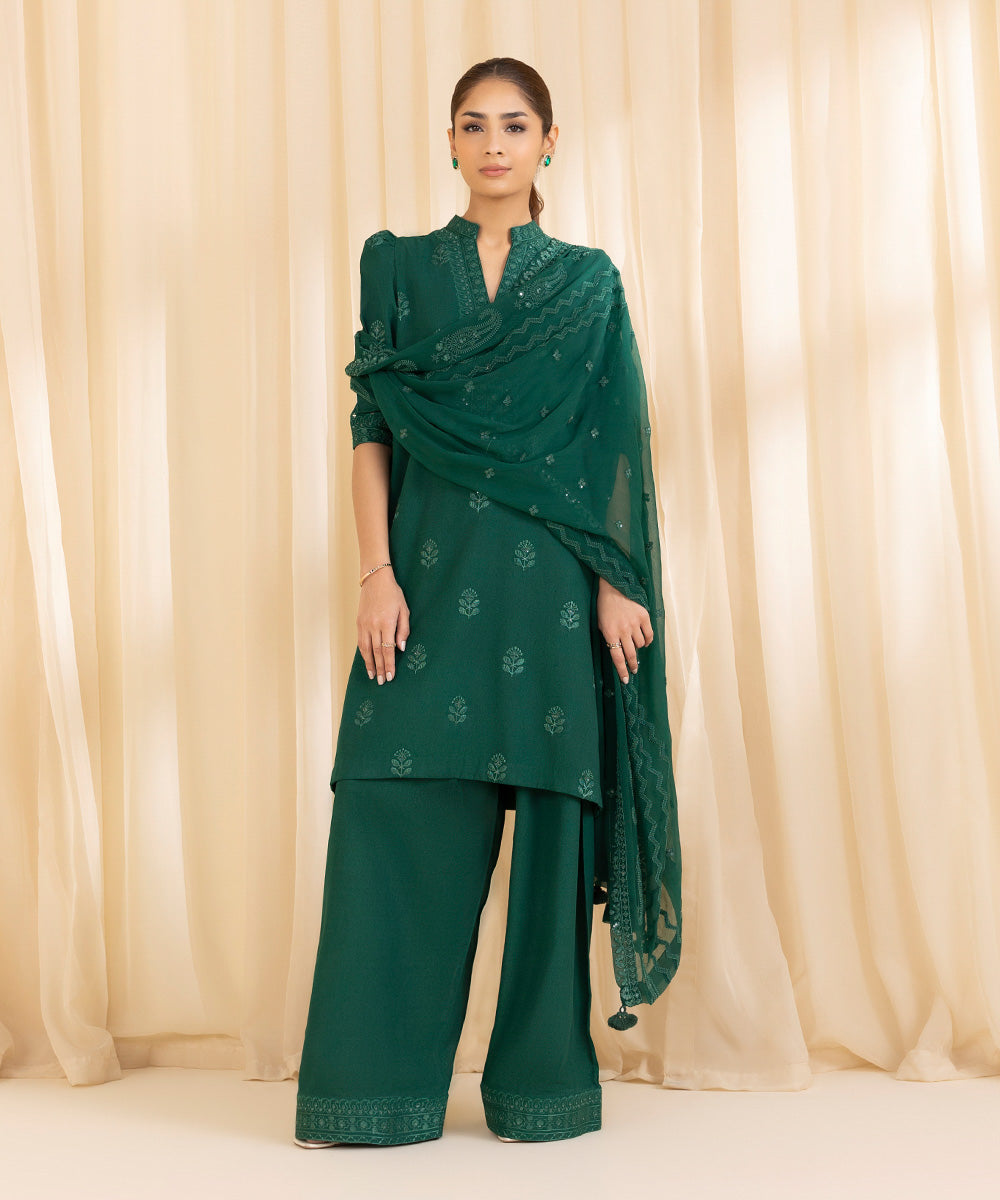 3 Piece -  Embroidered Cotton Karandi Suit | SAPPHIRE