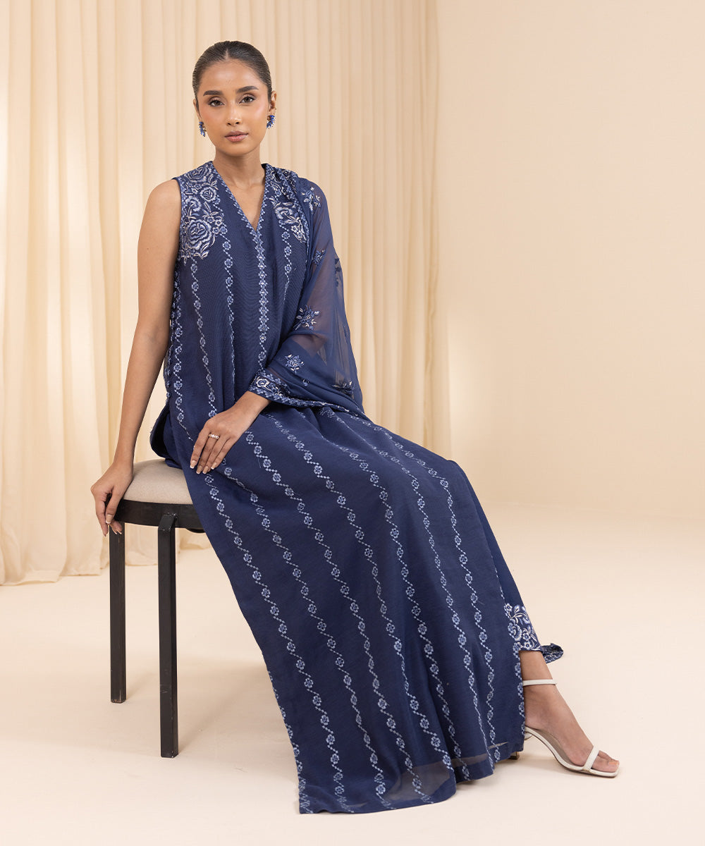 3 Piece -  Embroidered Khaddi Net Suit | SAPPHIRE