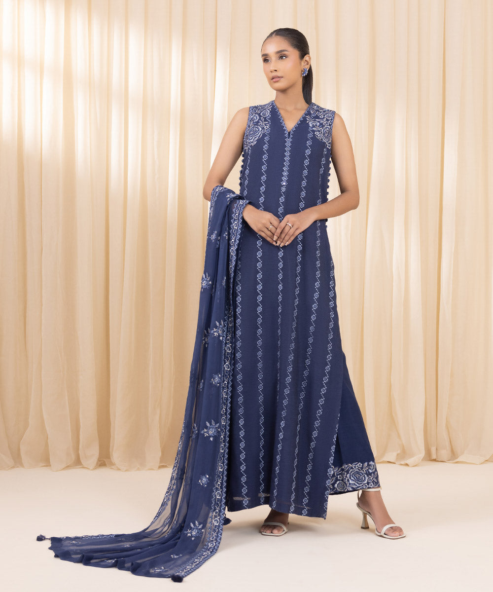 3 Piece -  Embroidered Khaddi Net Suit | SAPPHIRE