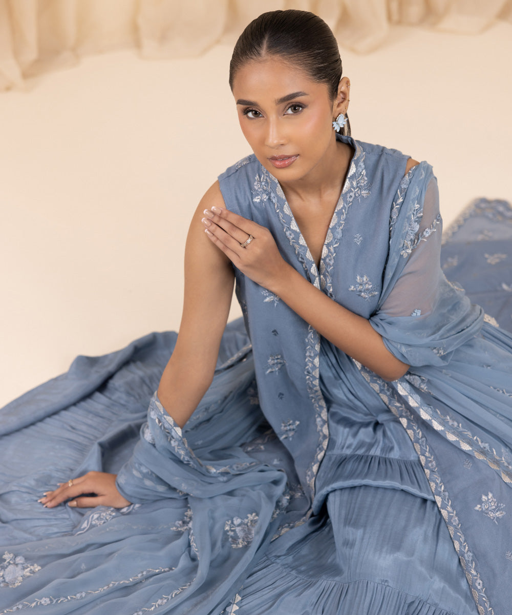 3 Piece -  Embroidered Khaddi Net Suit | SAPPHIRE