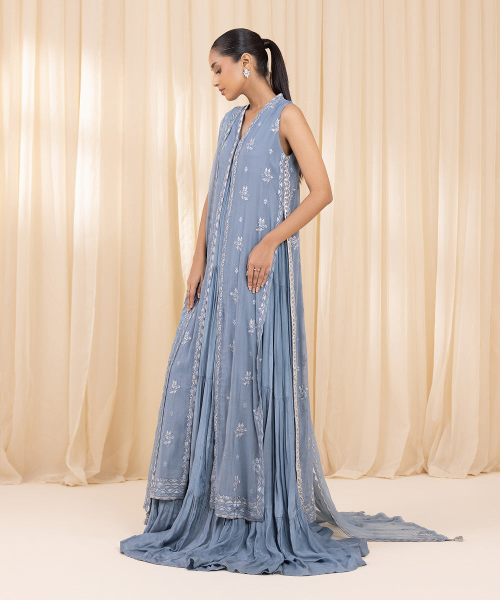 3 Piece -  Embroidered Khaddi Net Suit | SAPPHIRE