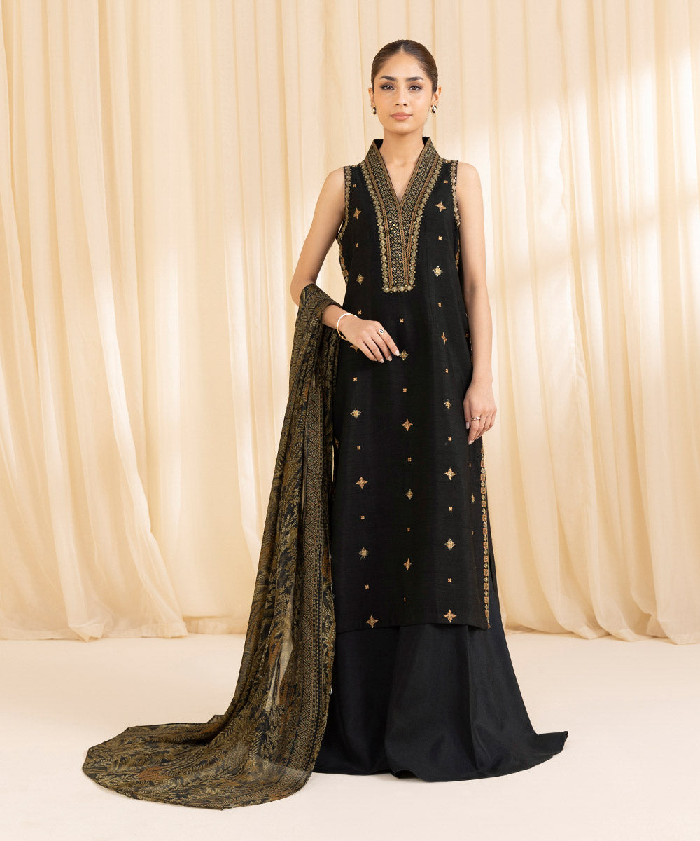 3 Piece -  Embroidered Raw Silk Suit | SAPPHIRE