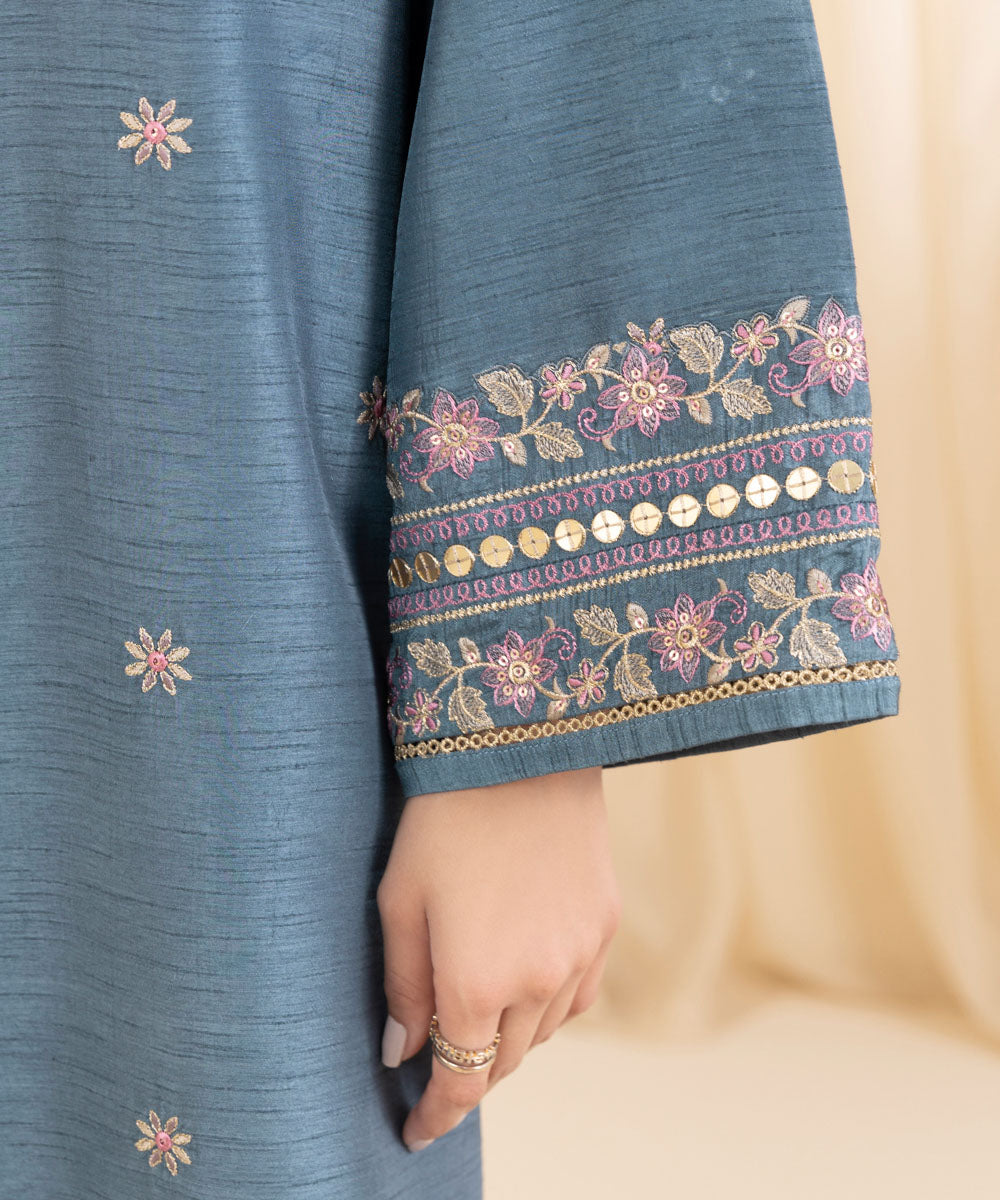 3 Piece -  Embroidered Raw Silk Suit | SAPPHIRE