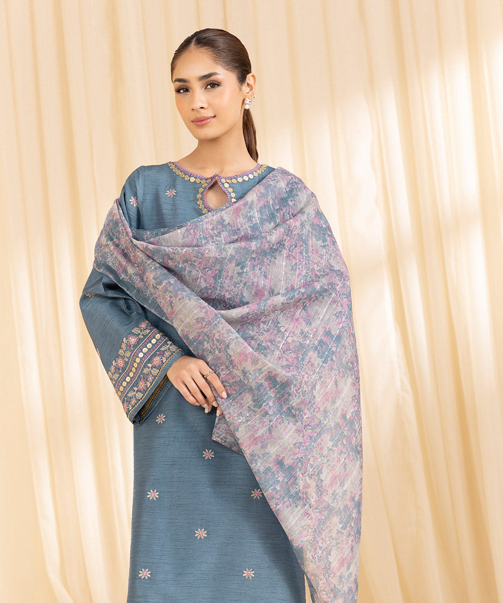 3 Piece -  Embroidered Raw Silk Suit | SAPPHIRE