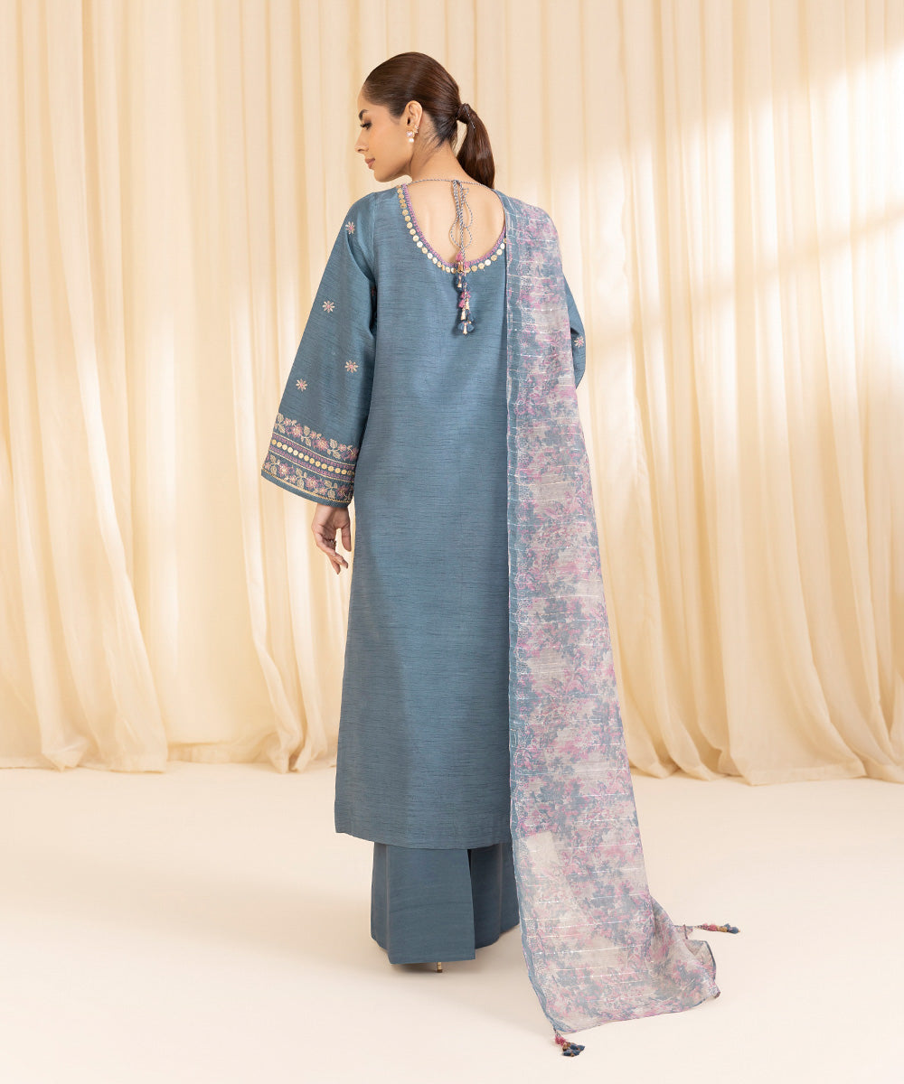 3 Piece -  Embroidered Raw Silk Suit | SAPPHIRE