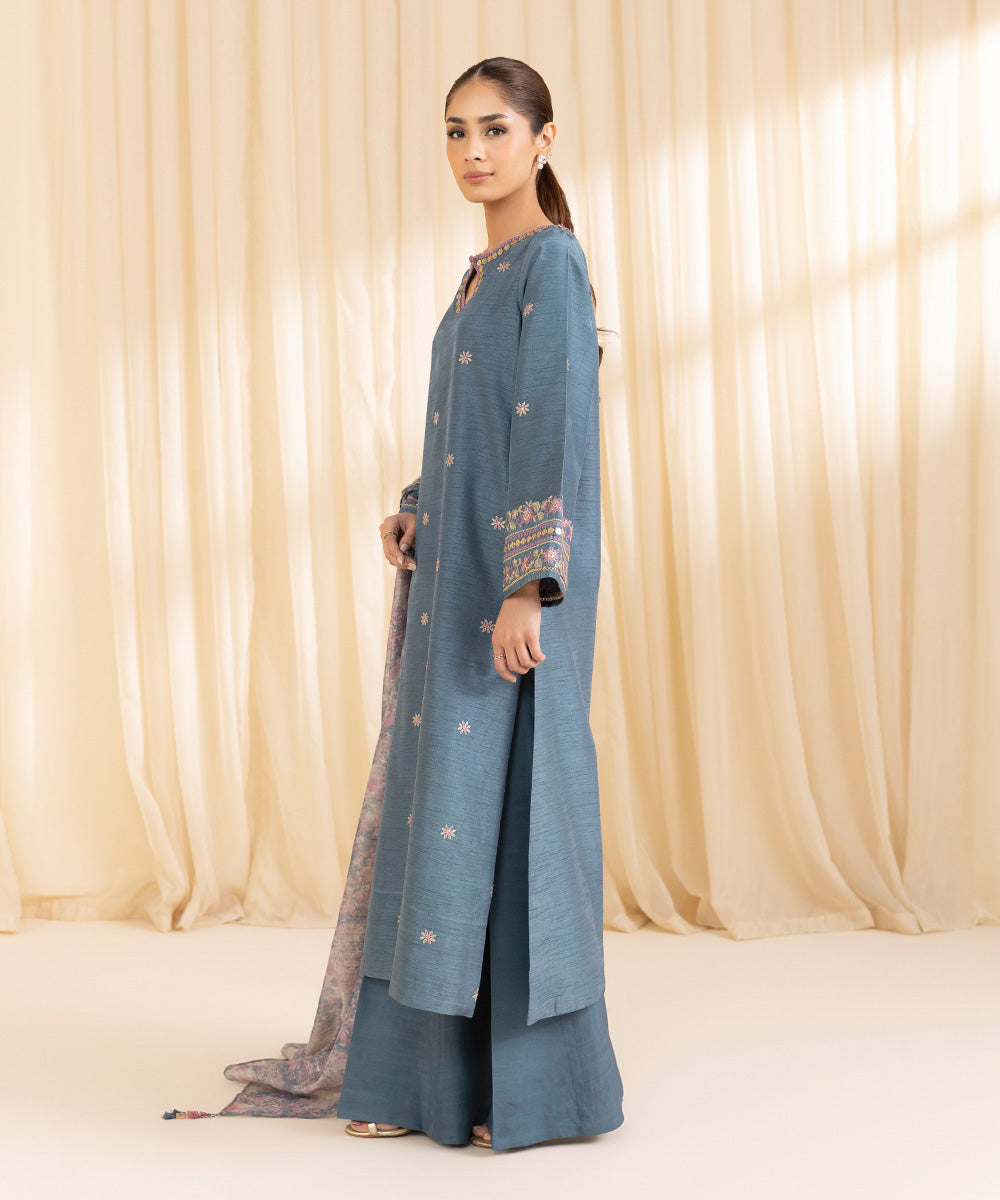 3 Piece -  Embroidered Raw Silk Suit | SAPPHIRE