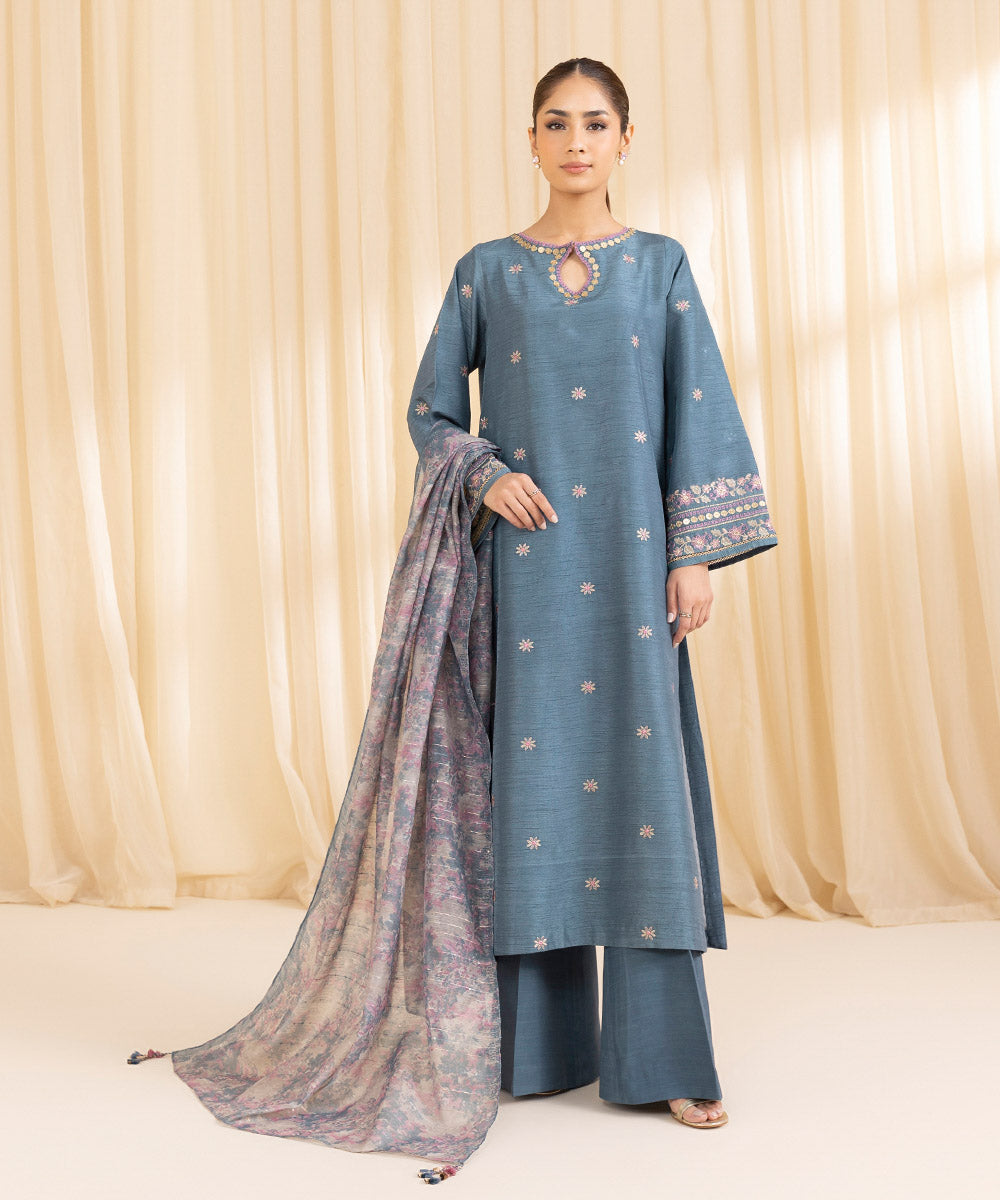 3 Piece -  Embroidered Raw Silk Suit | SAPPHIRE