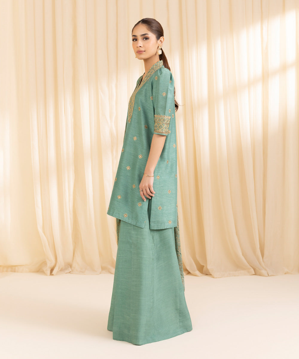 3 Piece -  Embroidered Raw Silk Suit | SAPPHIRE