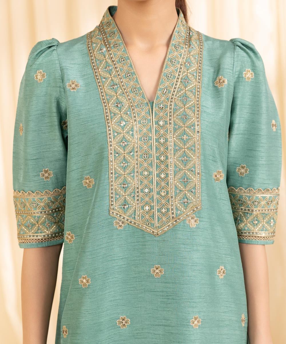 3 Piece -  Embroidered Raw Silk Suit | SAPPHIRE