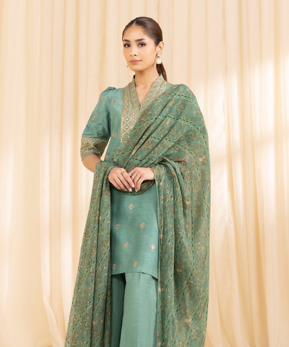 3 Piece -  Embroidered Raw Silk Suit | SAPPHIRE