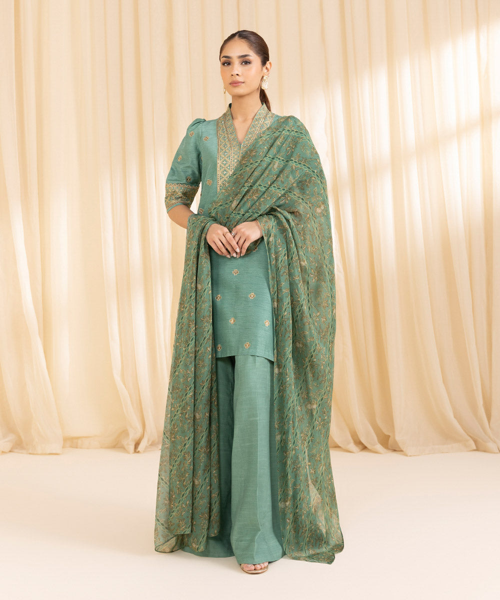 3 Piece -  Embroidered Raw Silk Suit | SAPPHIRE