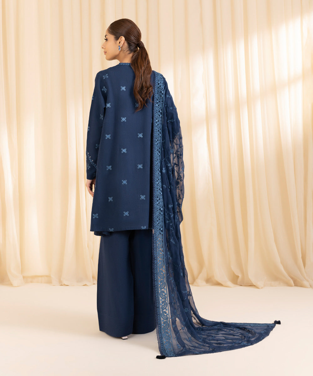 3 Piece -  Embroidered Cotton Karandi Suit | SAPPHIRE