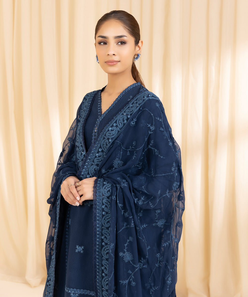 3 Piece -  Embroidered Cotton Karandi Suit | SAPPHIRE