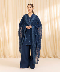 3 Piece -  Embroidered Cotton Karandi Suit | SAPPHIRE