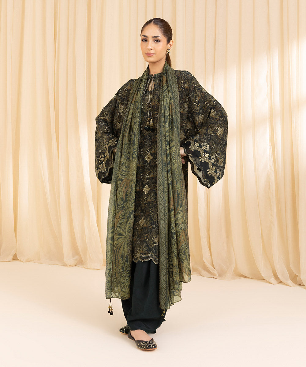 3 Piece -  Embroidered Silk Suit | SAPPHIRE