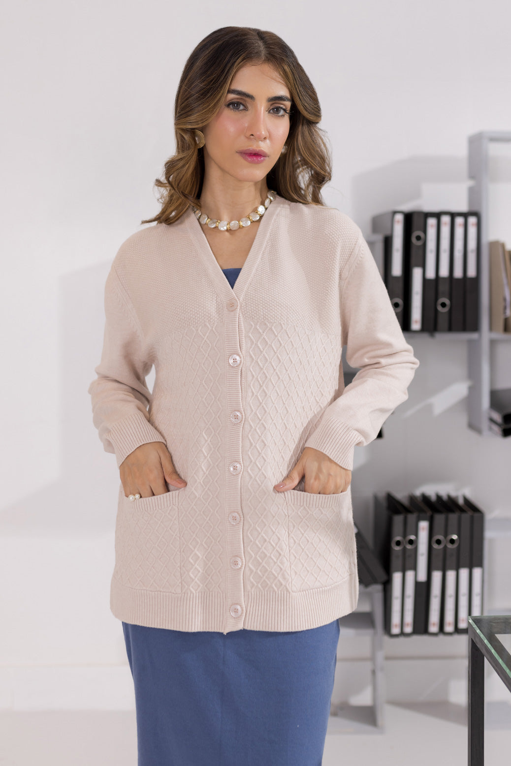 BEIGE-FULL SLEEVES V-NECK CARDIGAN SWEATER (24X-159-66) | Bonanza