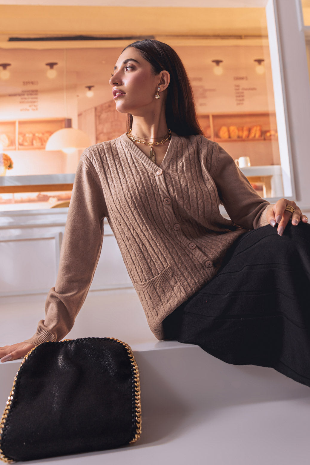 BEIGE-FULL SLEEVES V-NECK CARDIGAN SWEATER (24X-173-66) | Bonanza