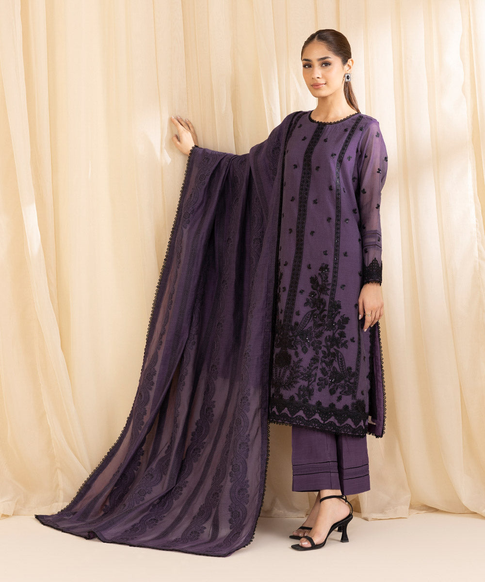 3 Piece -  Embroidered Muslin Suit | SAPPHIRE