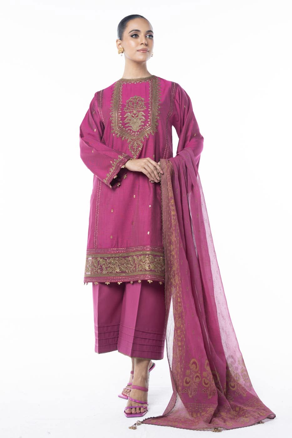 Three Piece Embroidered Zari Line Shirt with Poly Chiffon Dupatta | Festive | Al Karam