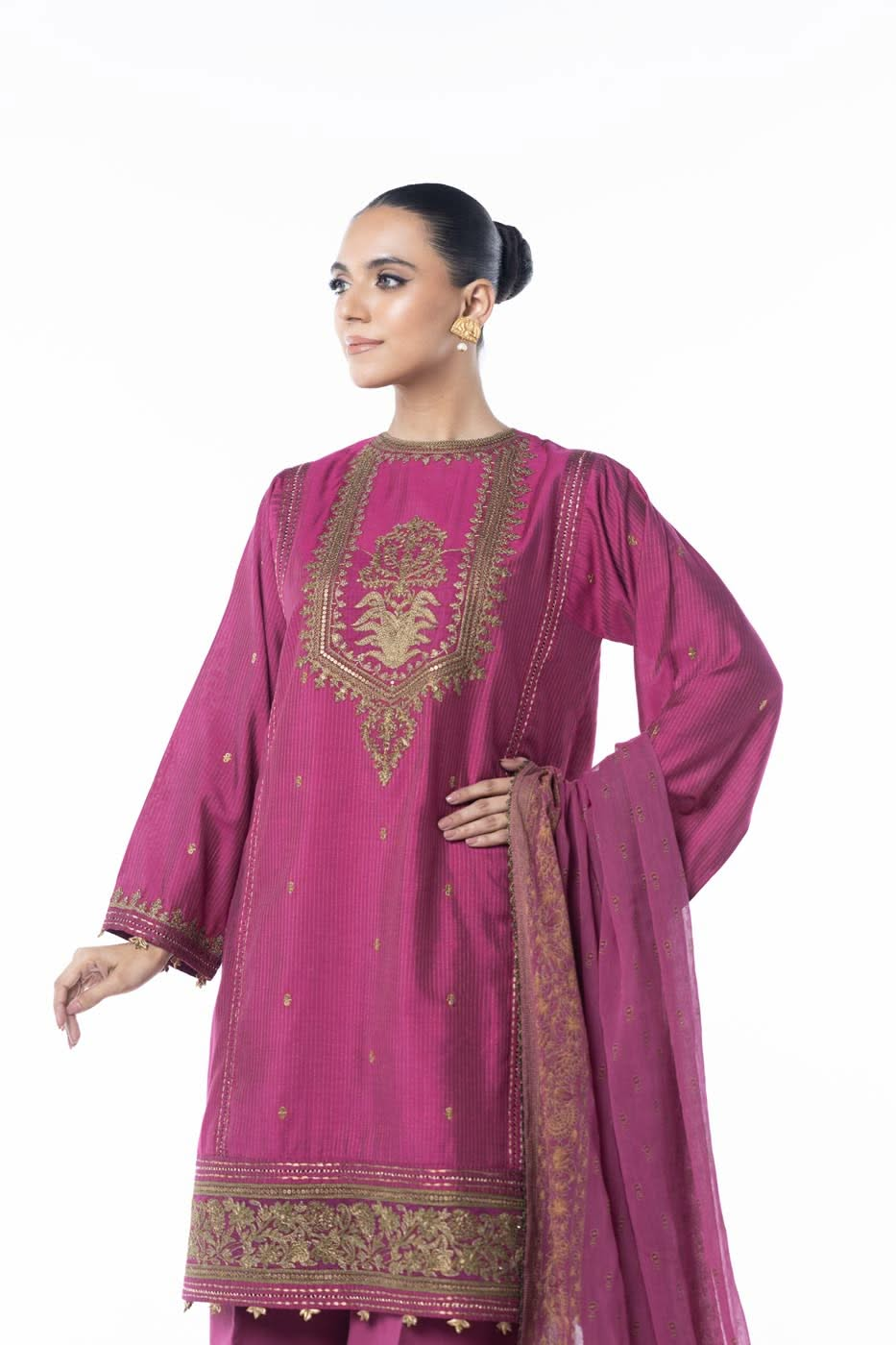 Three Piece Embroidered Zari Line Shirt with Poly Chiffon Dupatta | Festive | Al Karam