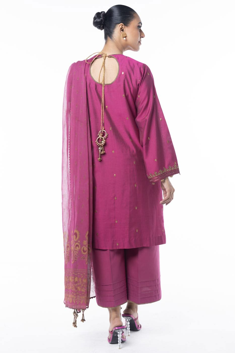 Three Piece Embroidered Zari Line Shirt with Poly Chiffon Dupatta | Festive | Al Karam