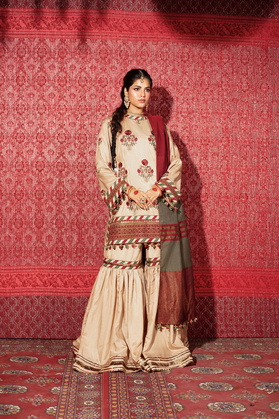 Three Piece Embroidered Raw Silk Slub Shirt with Yarn Dyed Dupatta | Festive | Al Karam