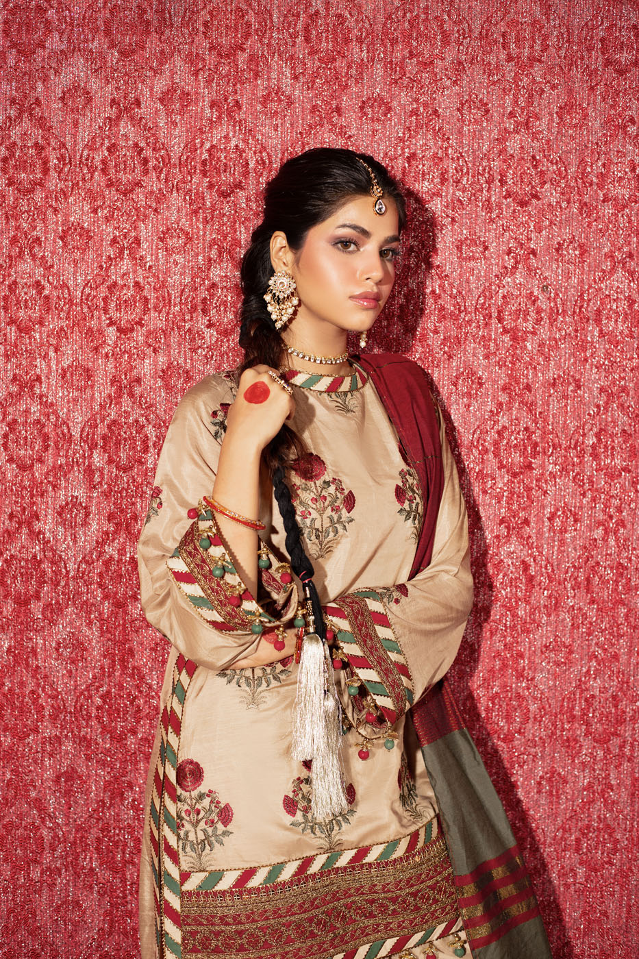 Three Piece Embroidered Raw Silk Slub Shirt with Yarn Dyed Dupatta | Festive | Al Karam