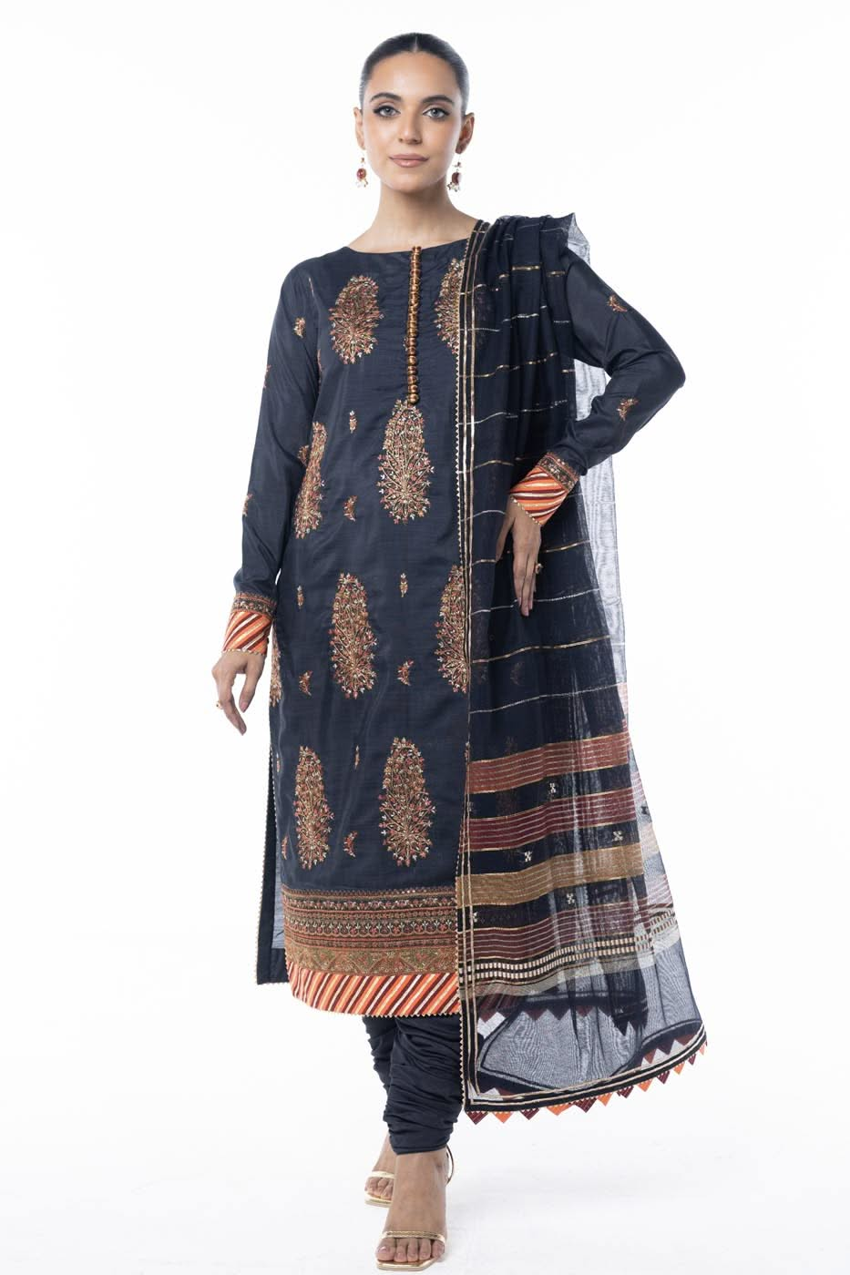 Three Piece Embroidered Raw Silk Slub Shirt with Yarn Dyed Dupatta | Festive | Al Karam