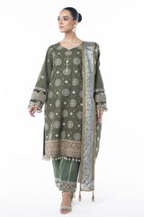 Three Piece Embroidered Thick Cambric Shirt with Block Print Dupatta | Festive | Al Karam