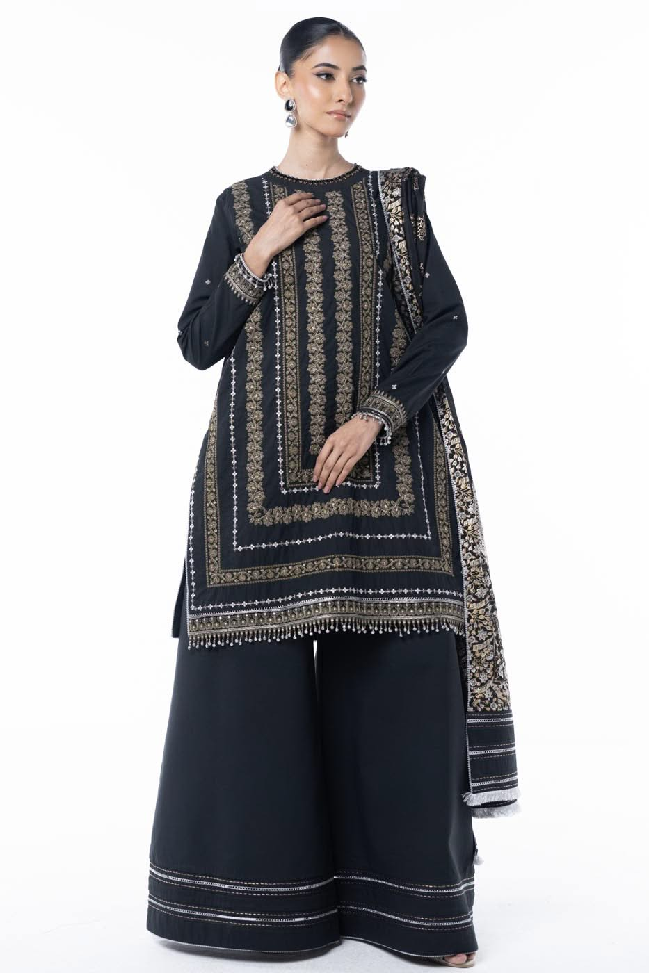 Three Piece Embroidered Thick Cambric Shirt with Block Print Dupatta | Festive | Al Karam