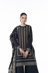 Three Piece Embroidered Thick Cambric Shirt with Block Print Dupatta | Festive | Al Karam