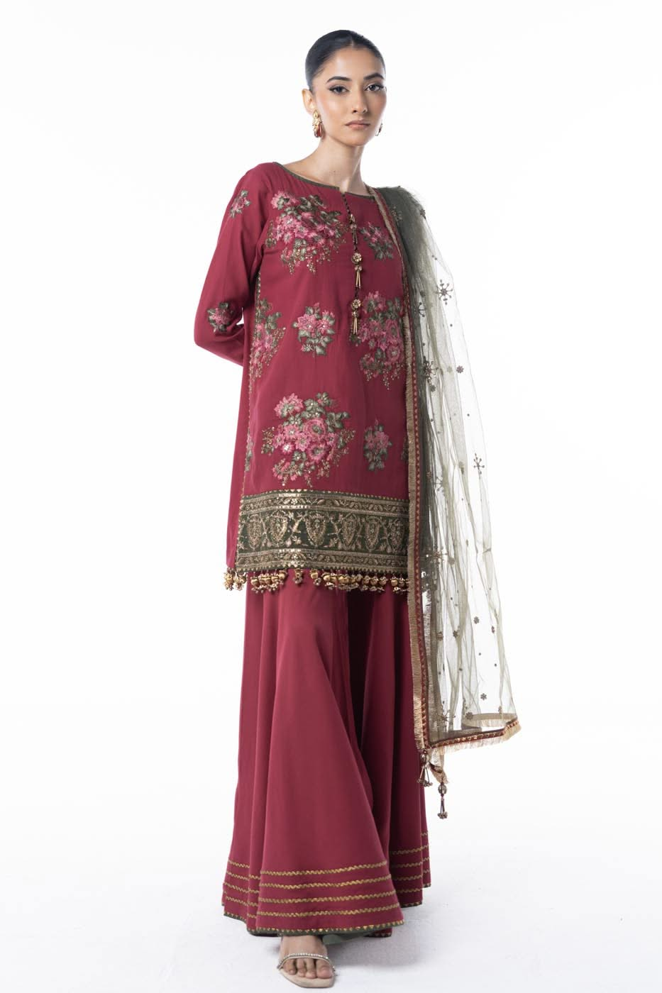 Three Piece Embroidered Cotton Satin Shirt with Dyed Polynet Dupatta | Festive | Al Karam