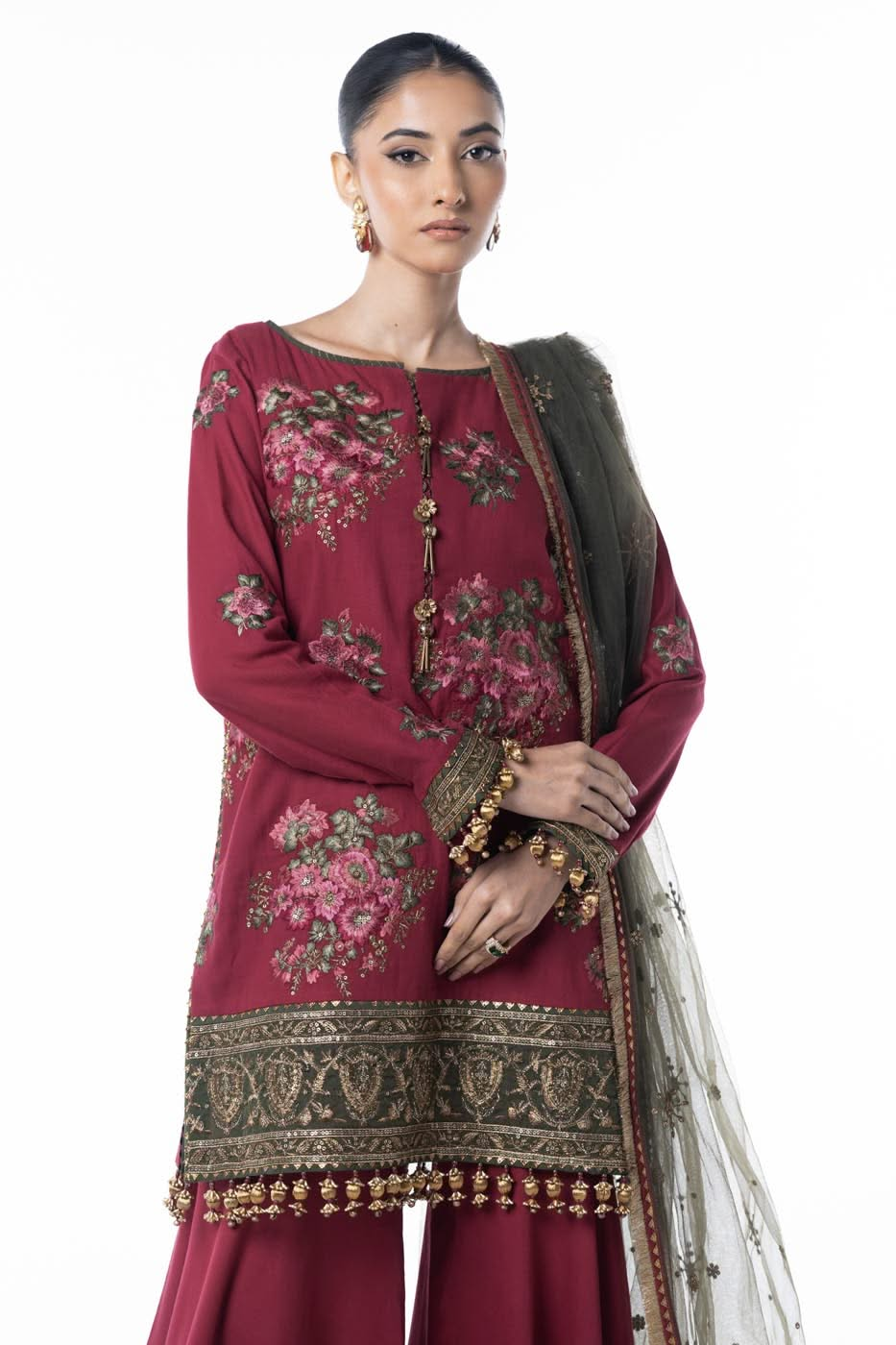 Three Piece Embroidered Cotton Satin Shirt with Dyed Polynet Dupatta | Festive | Al Karam