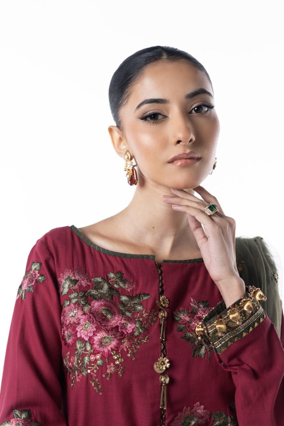 Three Piece Embroidered Cotton Satin Shirt with Dyed Polynet Dupatta | Festive | Al Karam