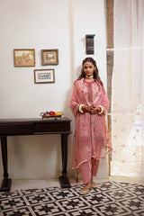 Three Piece Embroidered Cotton Satin Shirt with Dyed Polynet Dupatta | Festive | Al Karam