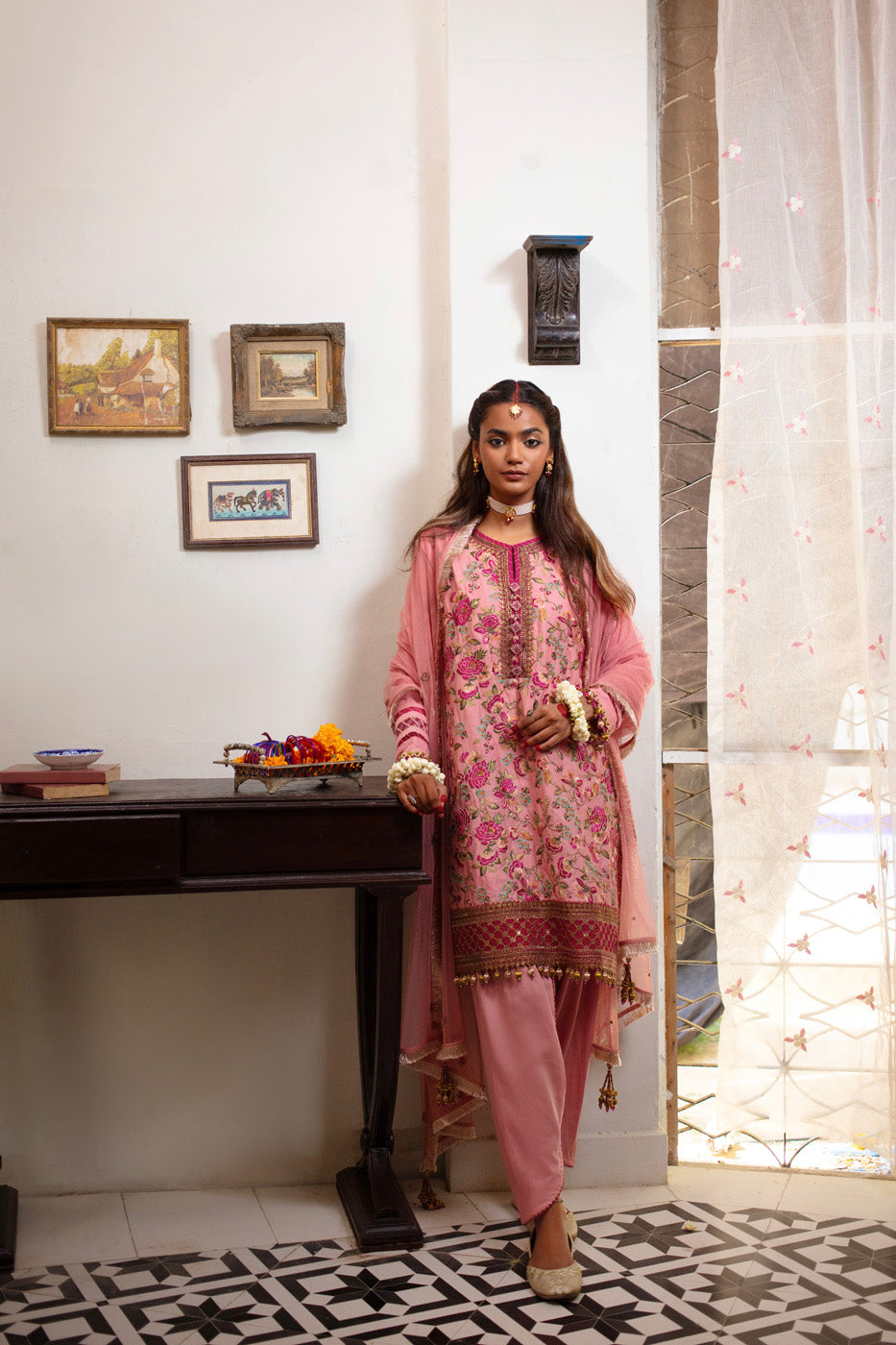 Three Piece Embroidered Cotton Satin Shirt with Dyed Polynet Dupatta | Festive | Al Karam