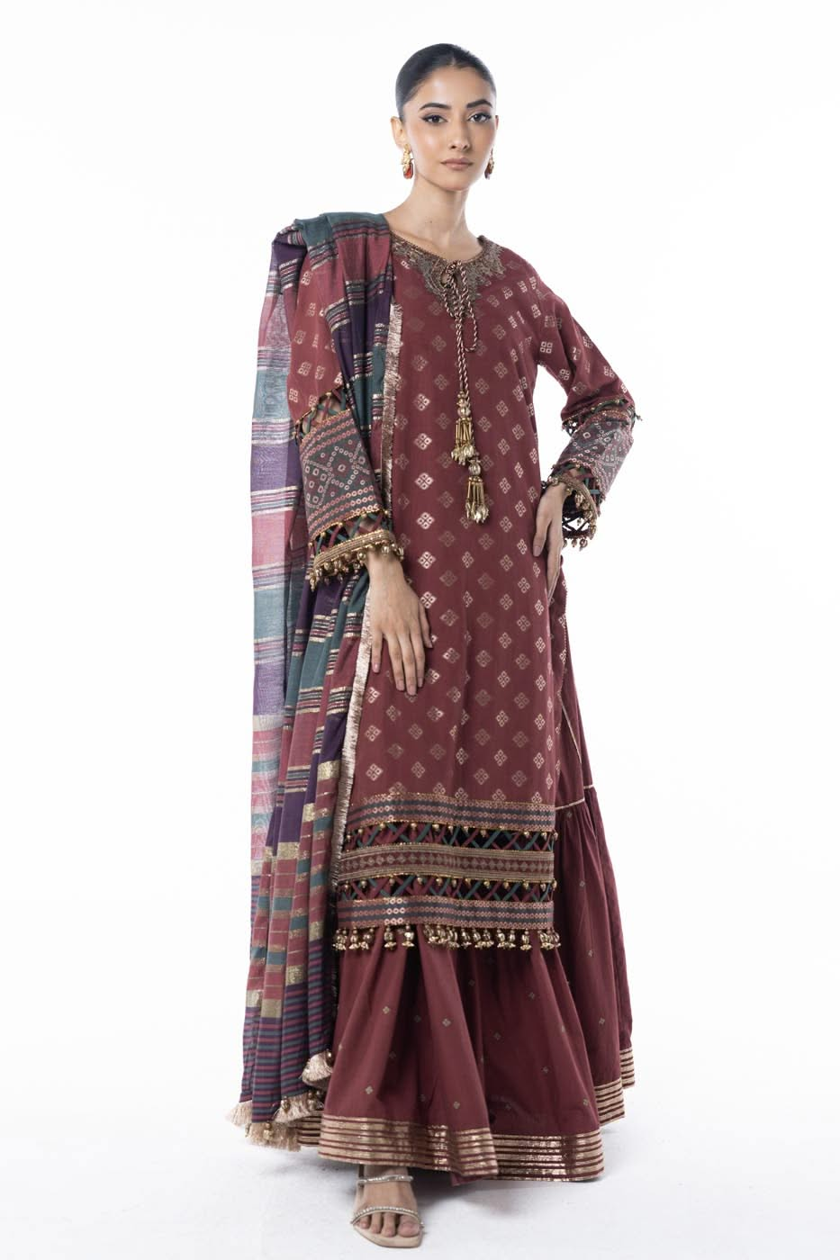 Three Piece Embroidered Jacquard Shirt with Yarn Dyed Dupatta | Festive | Al Karam