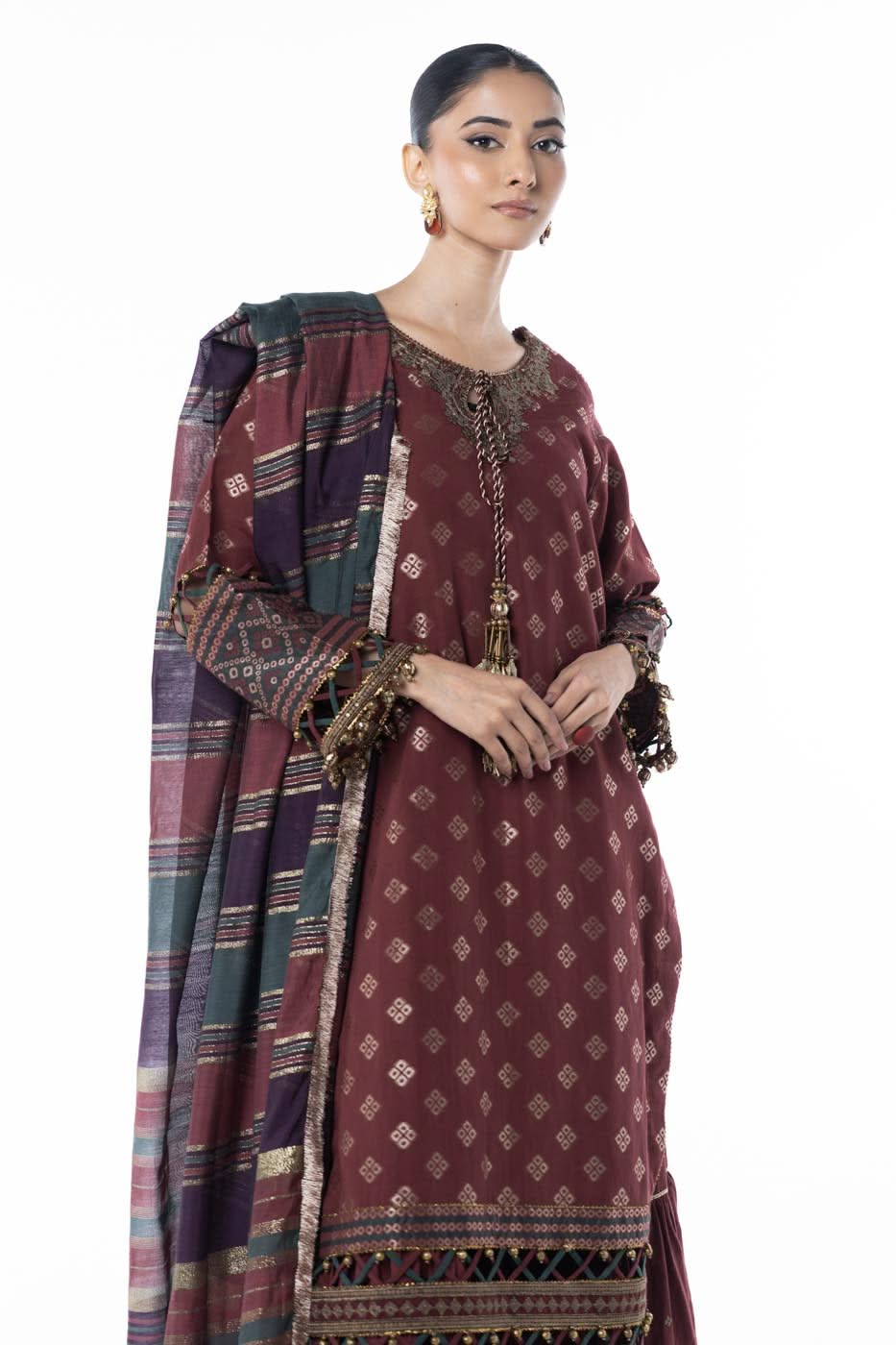 Three Piece Embroidered Jacquard Shirt with Yarn Dyed Dupatta | Festive | Al Karam