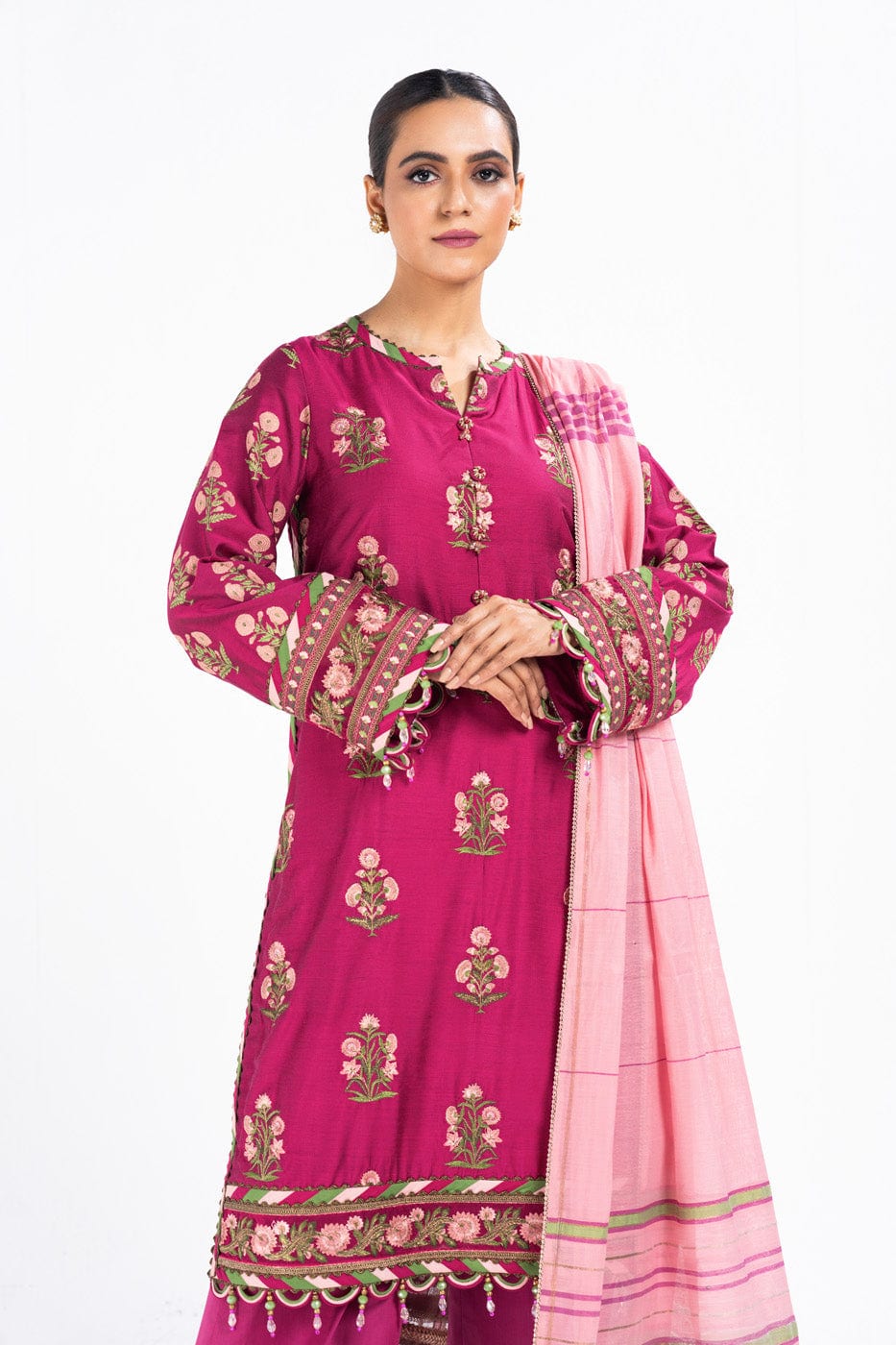 2 Pc Printed Embroidered Indian Silk Shirt With Yarn Dyed Dupatta | Festive | Al Karam