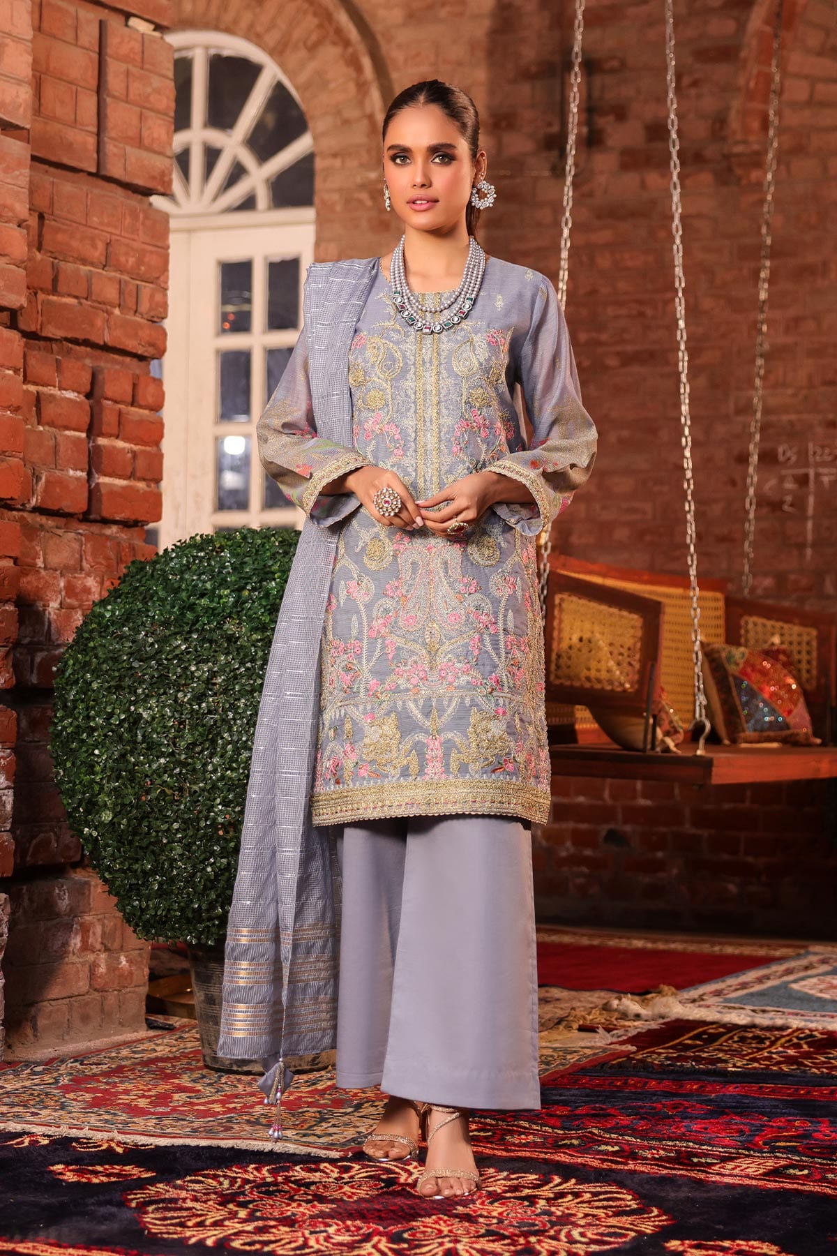 4 Pc Embroidered Cotton Net Suit With Sequence Dupatta | Festive | Al Karam