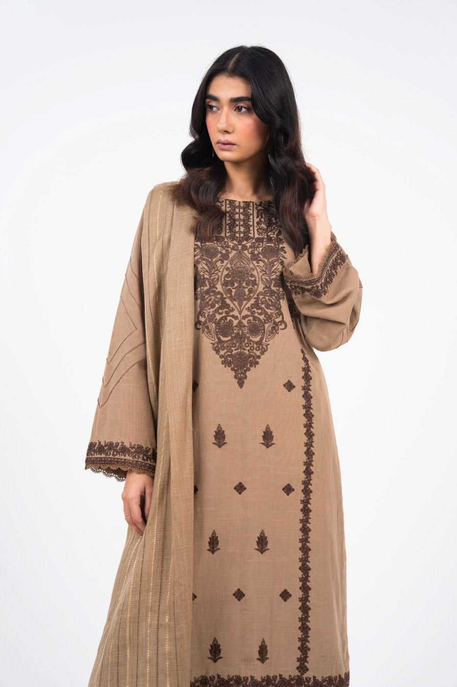 3 Piece Embroidered Khaddar Suit With Woven Shawl | Winter | Al Karam