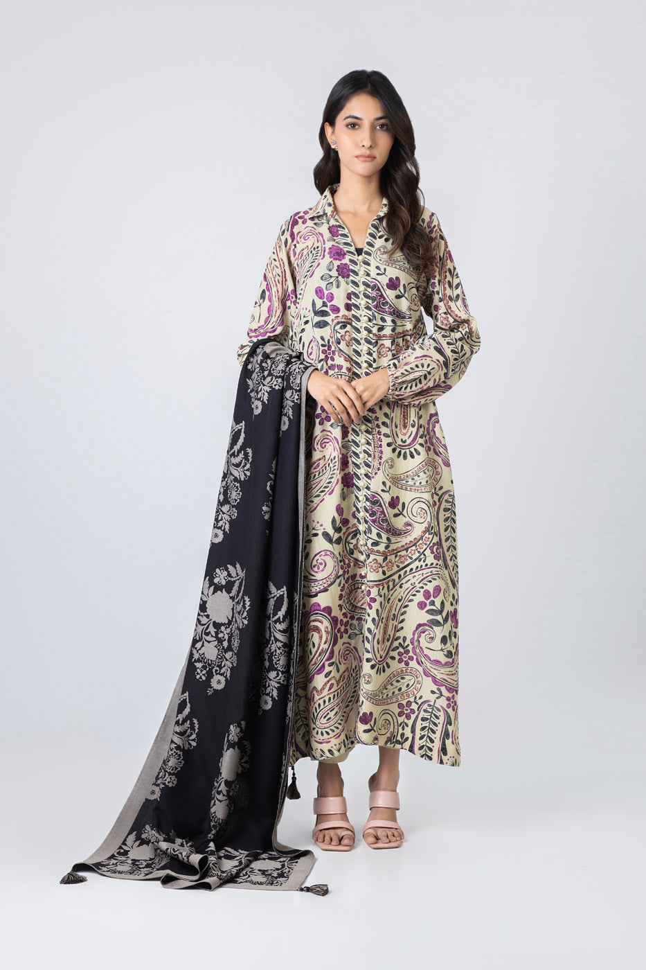 3 Piece Printed Khaddar Suit With Woven Jacquard Shawl | Winter | Al Karam