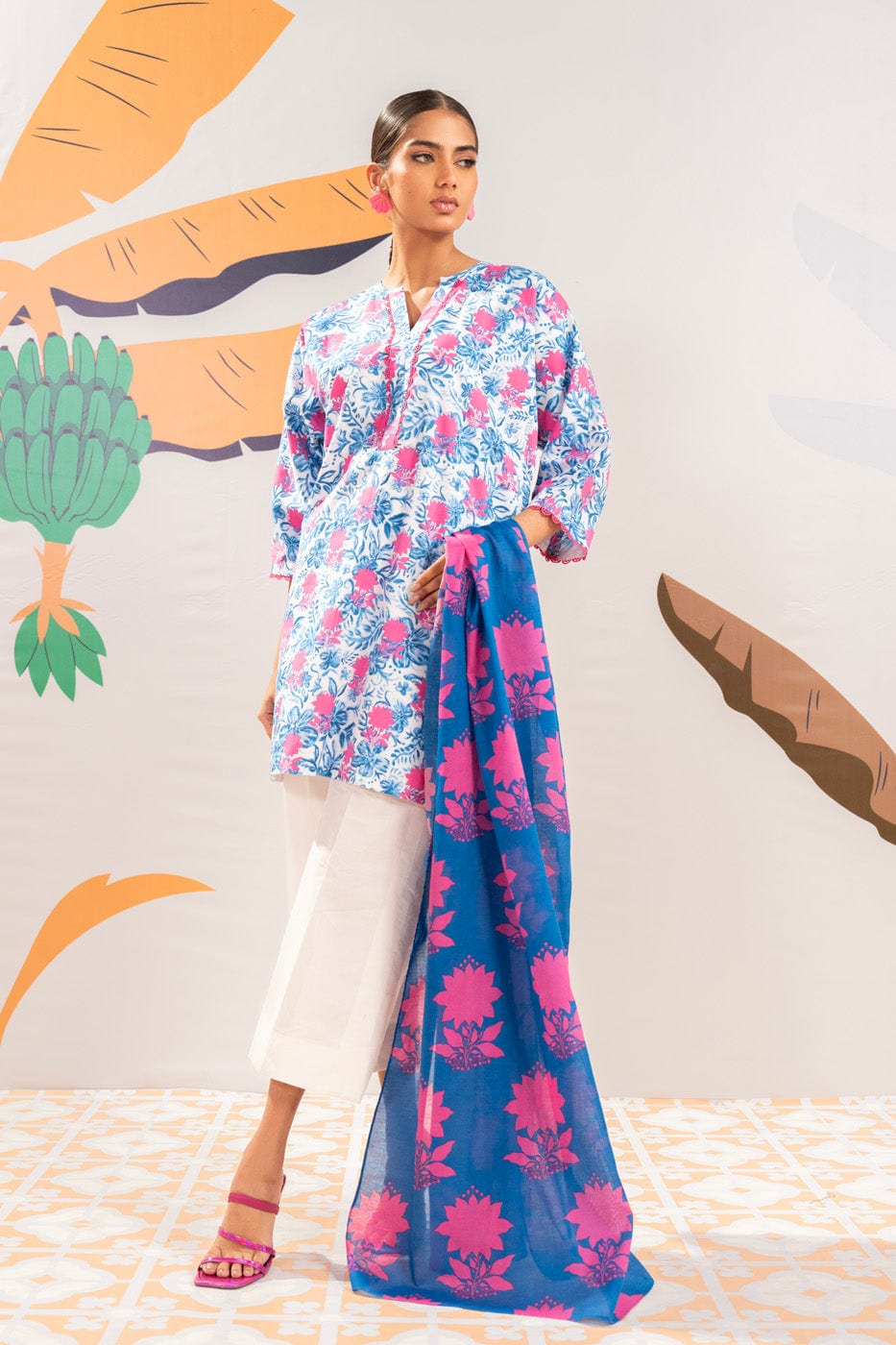 2 Pc Printed Cambric Shirt With Lawn Dupatta  | Silver | Al Karam