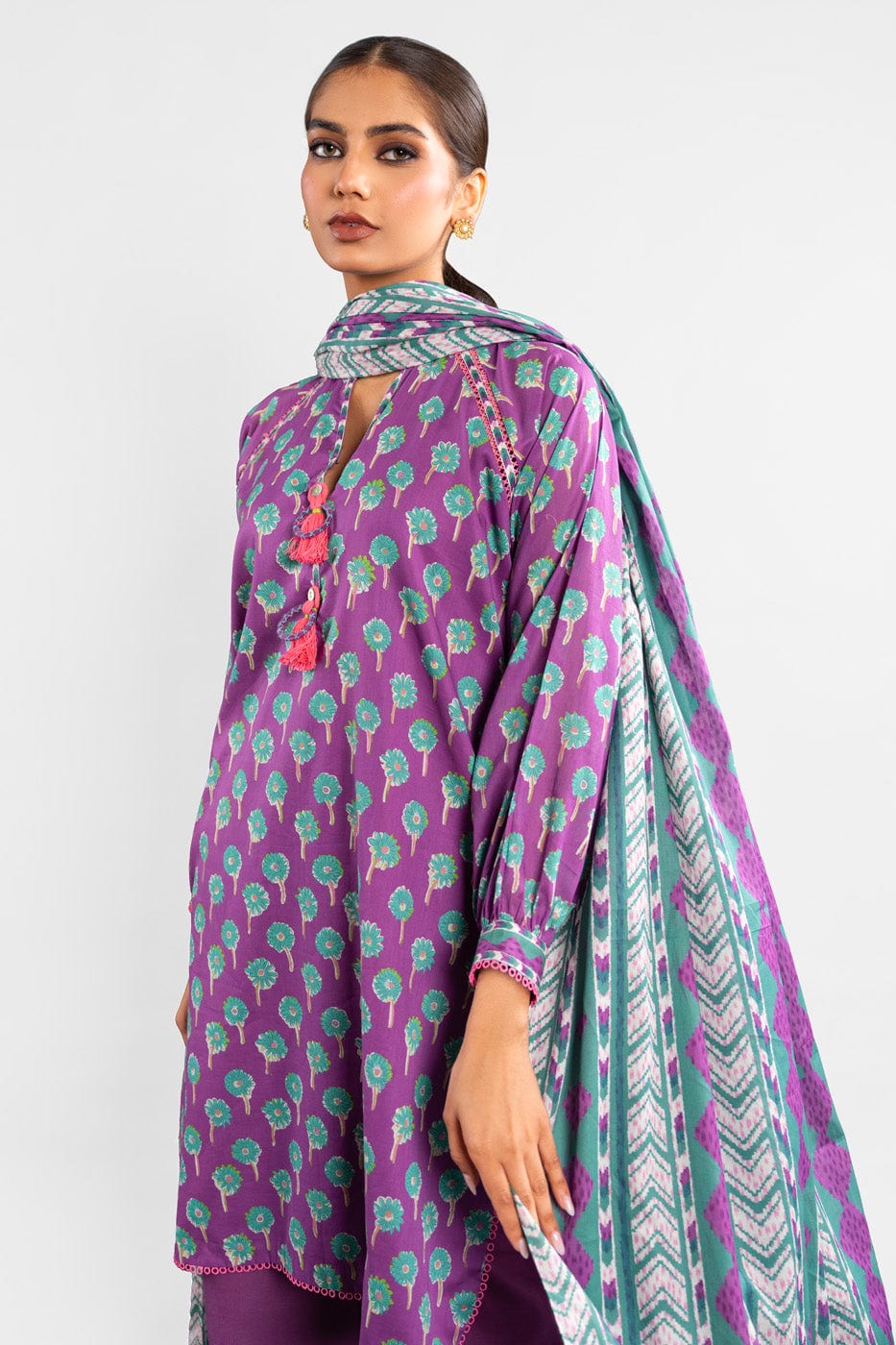 2 Pc Printed Lawn Shirt With Lawn Dupatta | Silver | Al Karam