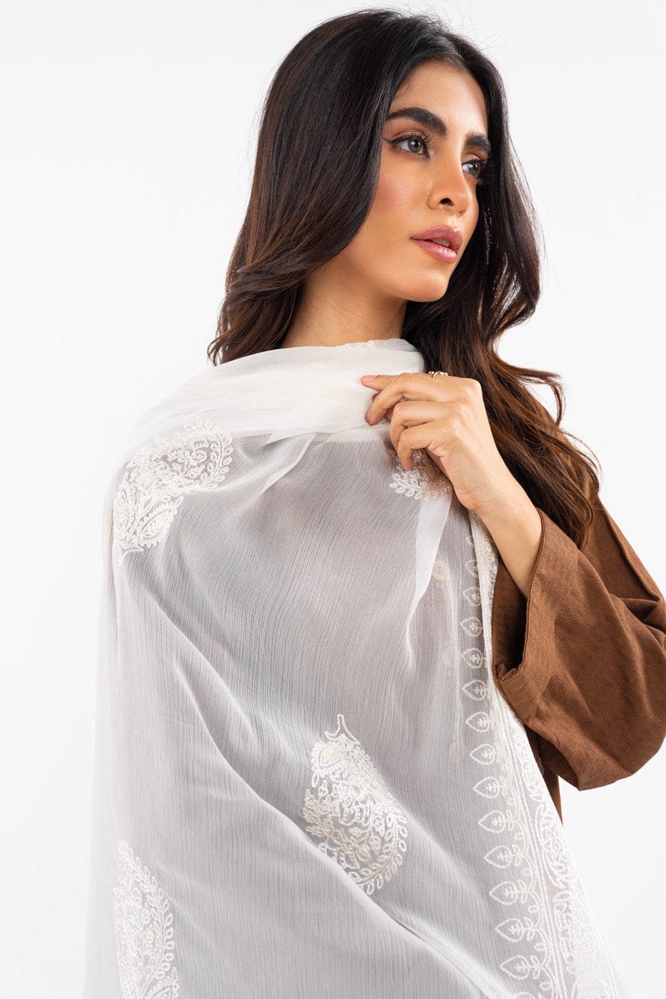 1 Pc Embroidered Chiffon Dupatta | Silver | Al Karam