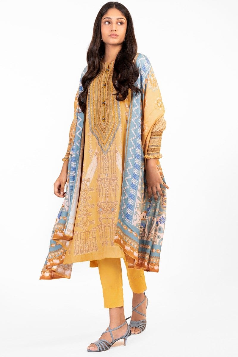 3 Pc Embroidered Corduroy Suit With Net Dupatta | Winter | Al Karam